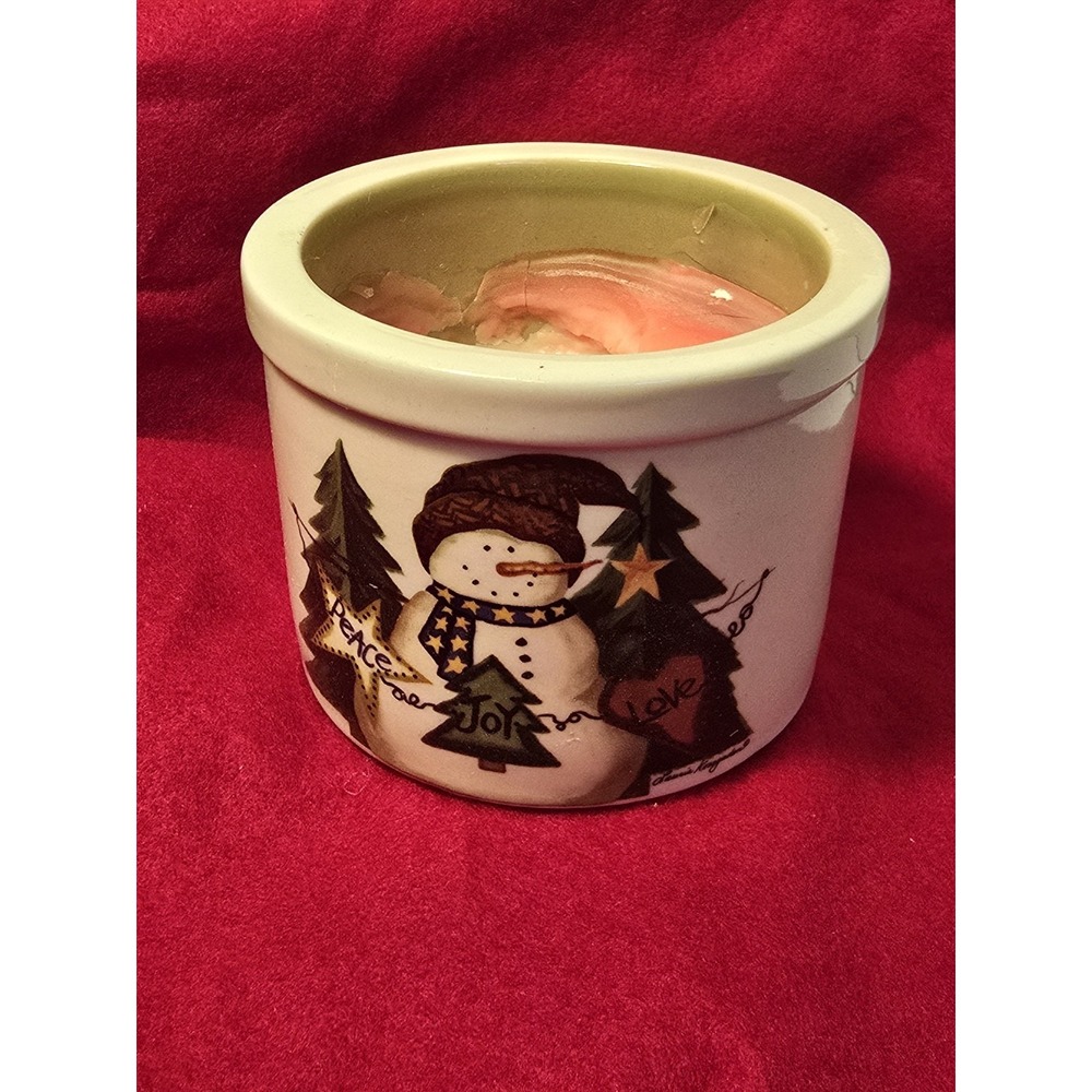 Vintage Snowman 3 Wick Candle Crock Christmas Peace Joy Love 4x3"‎ /0087